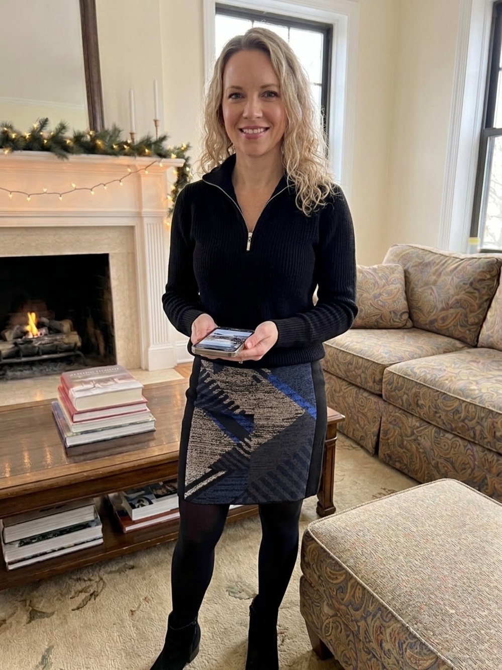 NIC+ZOE Black Knit Pencil Skirt with Blue and Gray Pattern